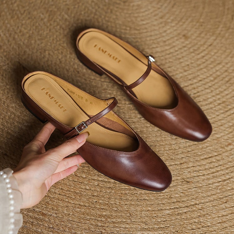 Women's Leather Mary Jane Mules Flat Shoes with Buckle Strap and Almond Toe - Image 3