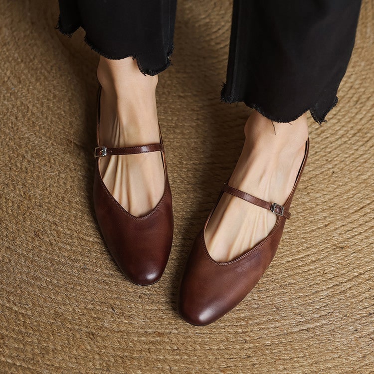 Women's Leather Mary Jane Mules Flat Shoes with Buckle Strap and Almond Toe - Image 4
