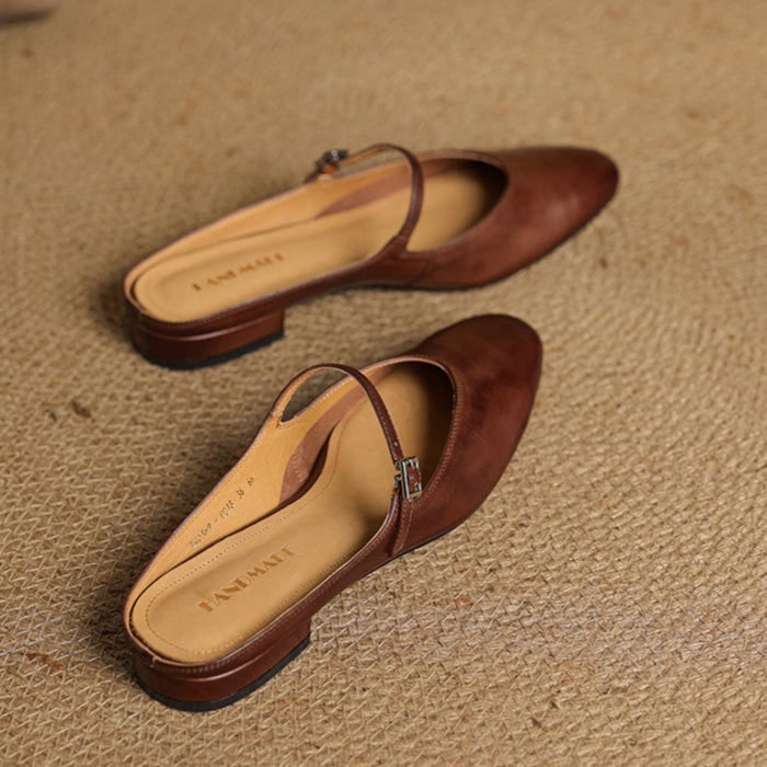 Women's Leather Mary Jane Mules Flat Shoes with Buckle Strap and Almond Toe - Image 5