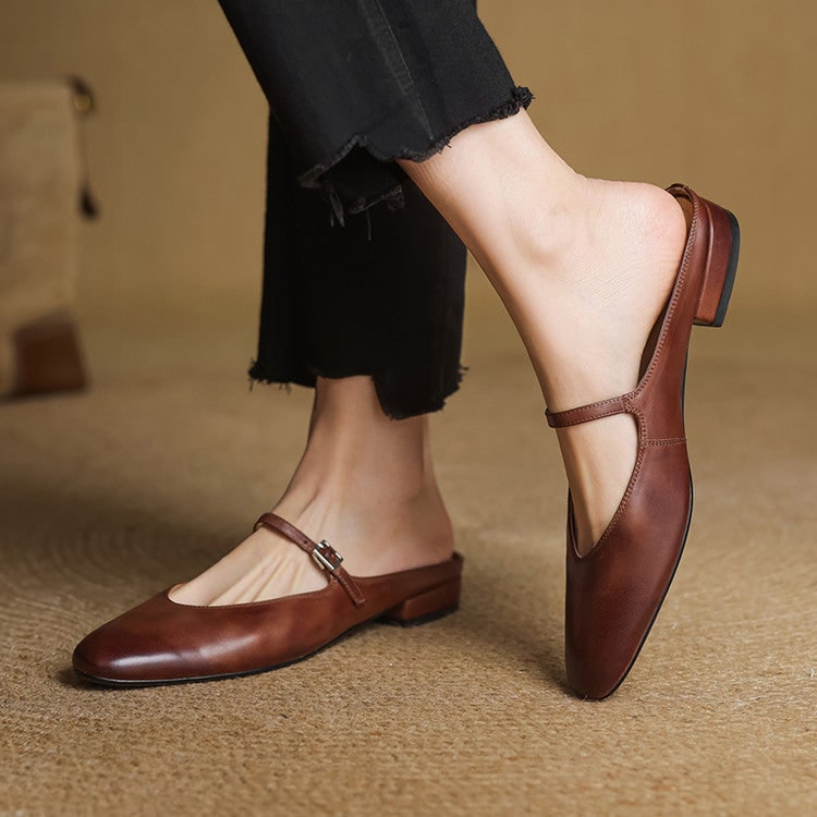 Women's Leather Mary Jane Mules Flat Shoes with Buckle Strap and Almond Toe - Image 6