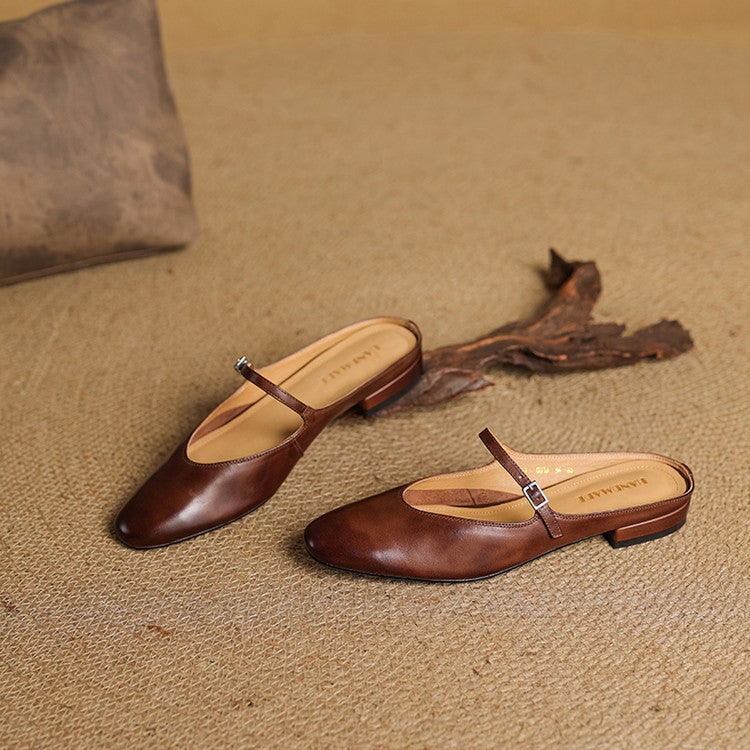 Women's Leather Mary Jane Mules Flat Shoes with Buckle Strap and Almond Toe - Image 9