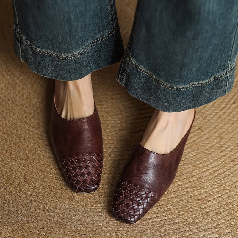 Women's Leather Mule Shoes with Woven Square Toe Slip-On Flat - Image 10