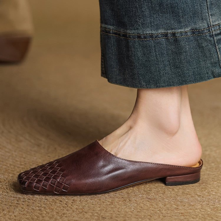 Women's Leather Mule Shoes with Woven Square Toe Slip-On Flat - Image 11