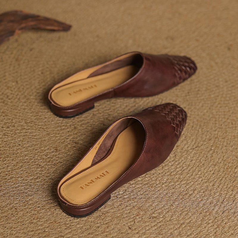 Women's Leather Mule Shoes with Woven Square Toe Slip-On Flat - Image 12