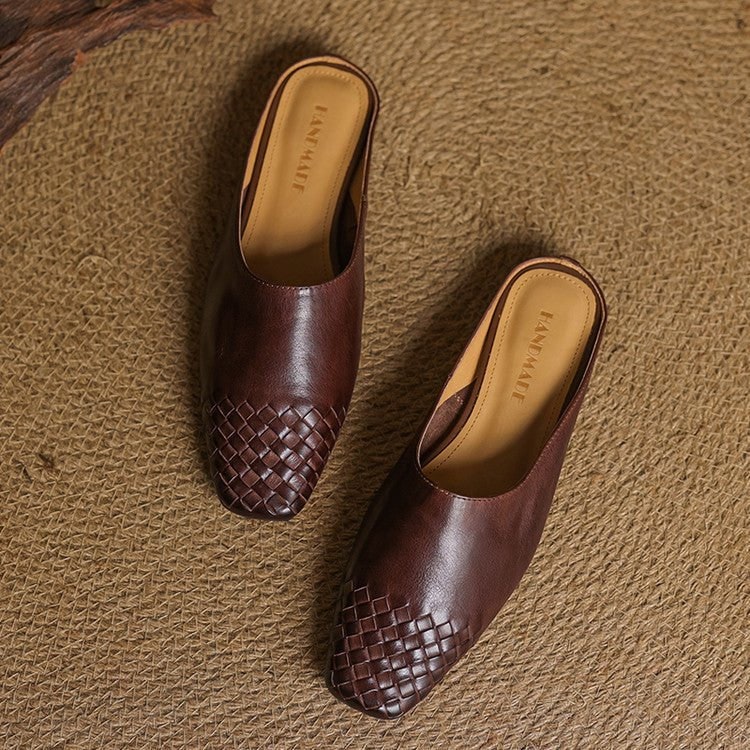 Women's Leather Mule Shoes with Woven Square Toe Slip-On Flat - Image 14