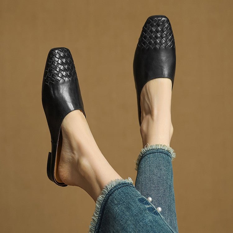 Women's Leather Mule Shoes with Woven Square Toe Slip-On Flat - Image 15