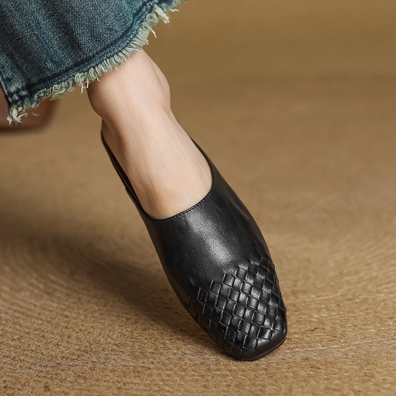 Women's Leather Mule Shoes with Woven Square Toe Slip-On Flat - Image 16