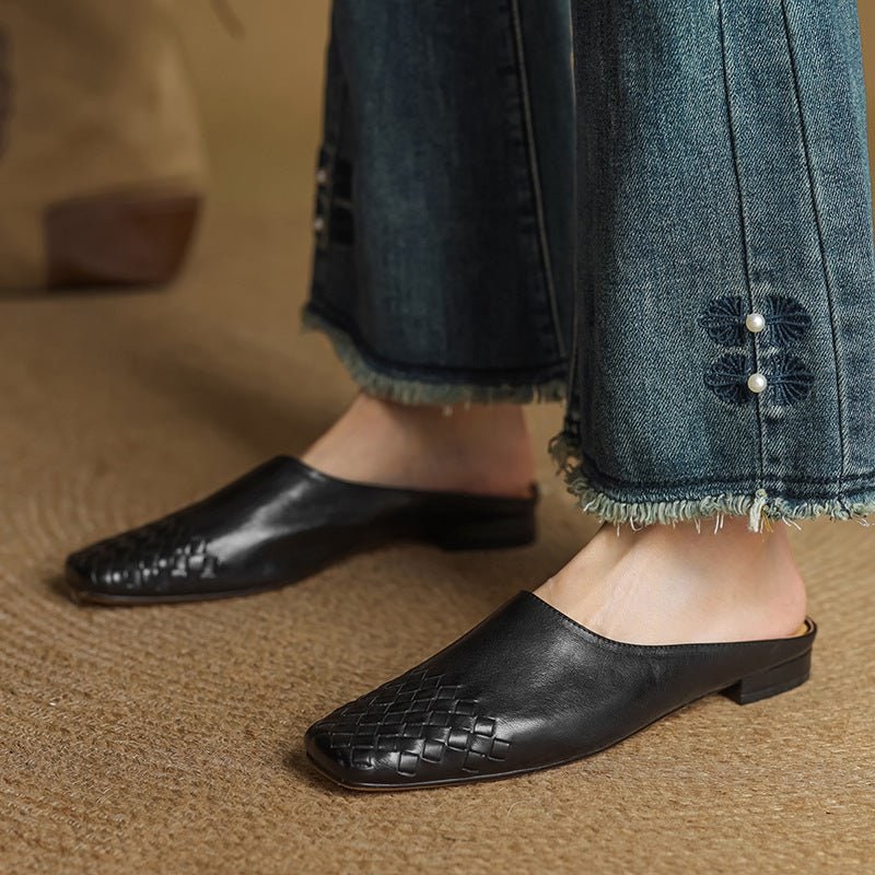 Women's Leather Mule Shoes with Woven Square Toe Slip-On Flat - Image 17