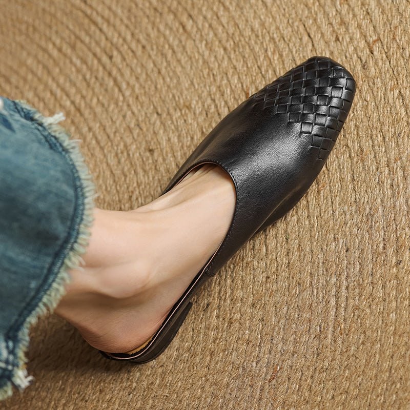Women's Leather Mule Shoes with Woven Square Toe Slip-On Flat - Image 18