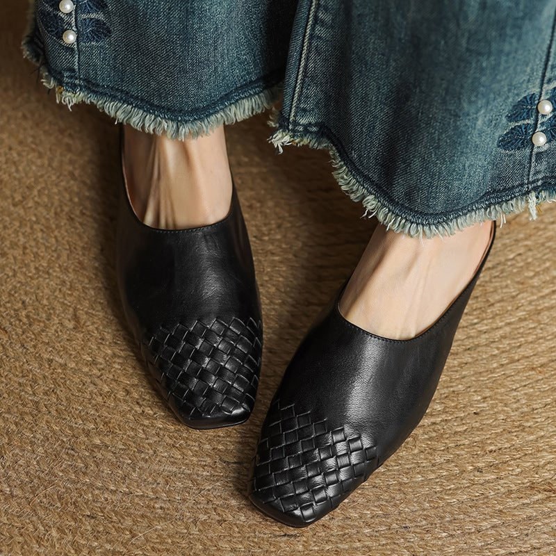 Women's Leather Mule Shoes with Woven Square Toe Slip-On Flat - Image 19