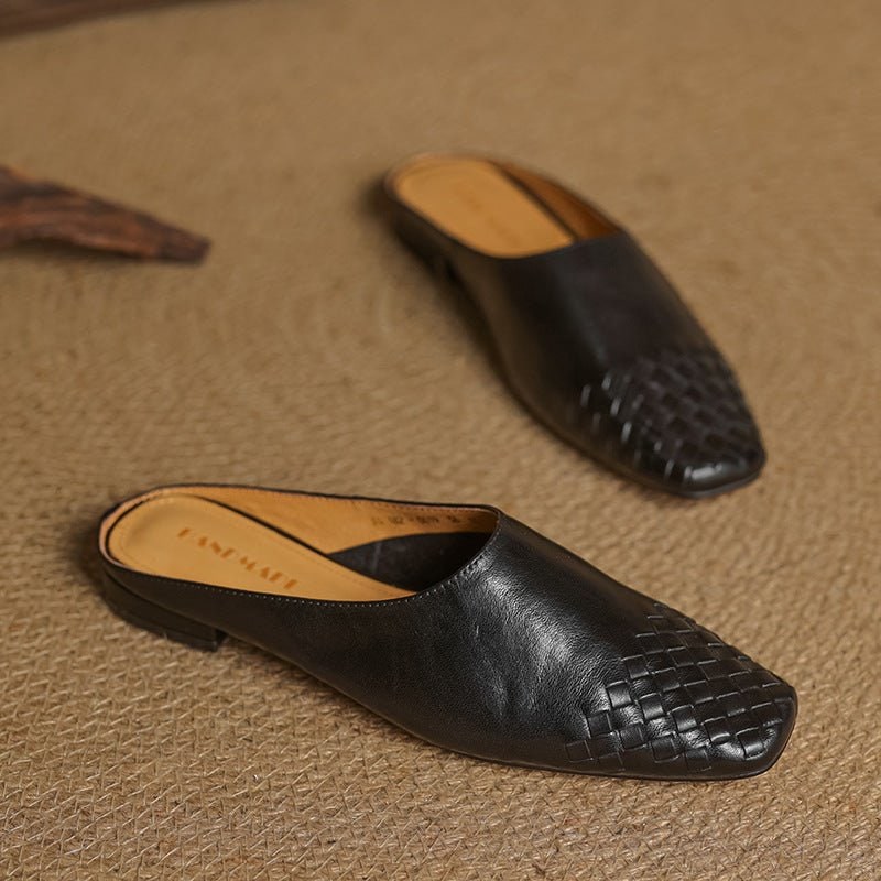 Women's Leather Mule Shoes with Woven Square Toe Slip-On Flat - Image 20
