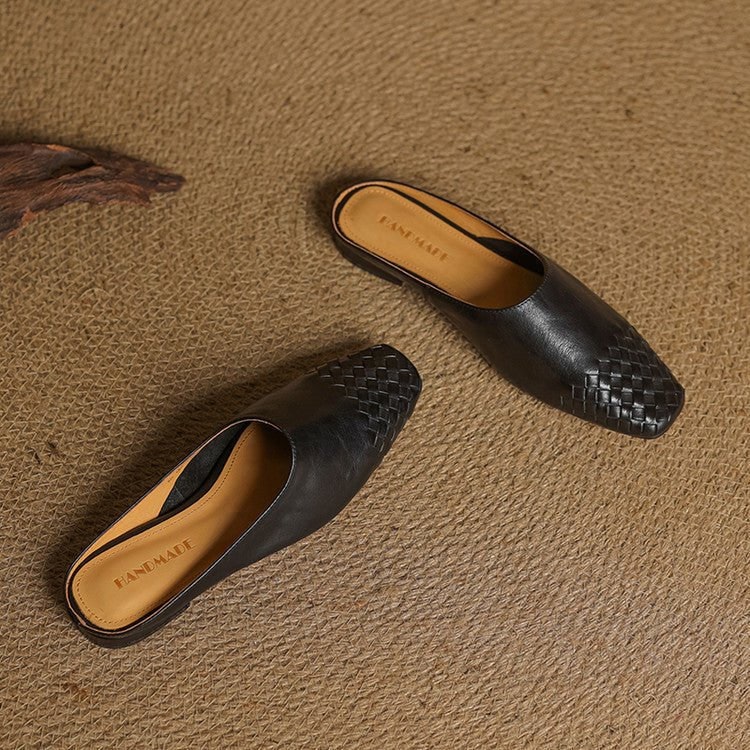 Women's Leather Mule Shoes with Woven Square Toe Slip-On Flat - Image 21