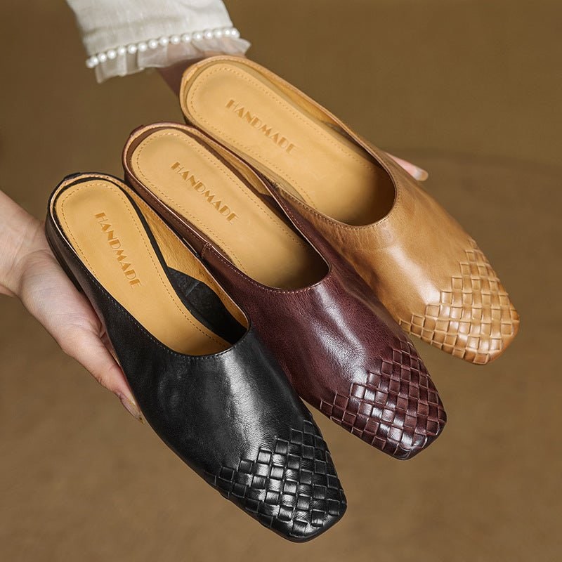 Women's Leather Mule Shoes with Woven Square Toe Slip-On Flat - Image 22