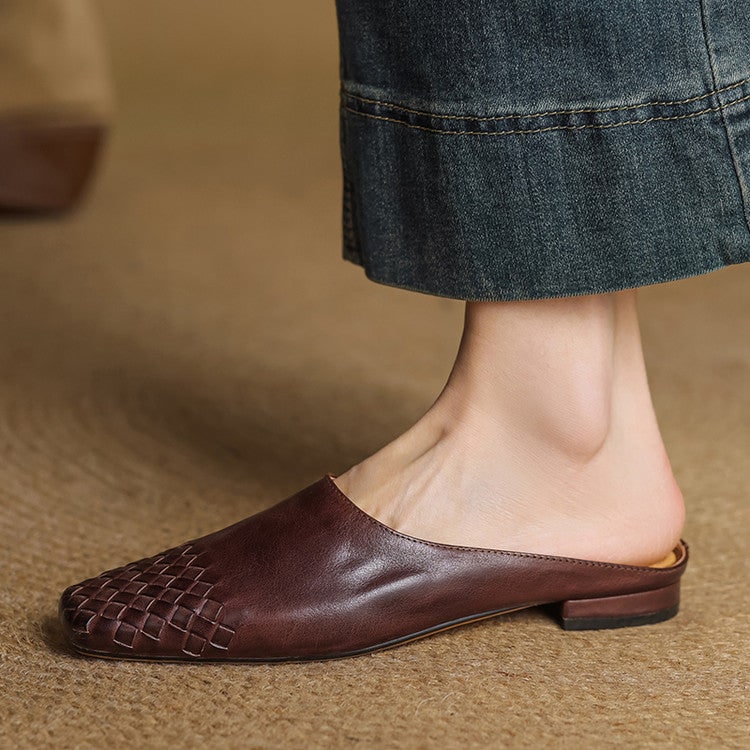 Women's Leather Mules with Woven Square Toe Slip on Shoes - Image 1
