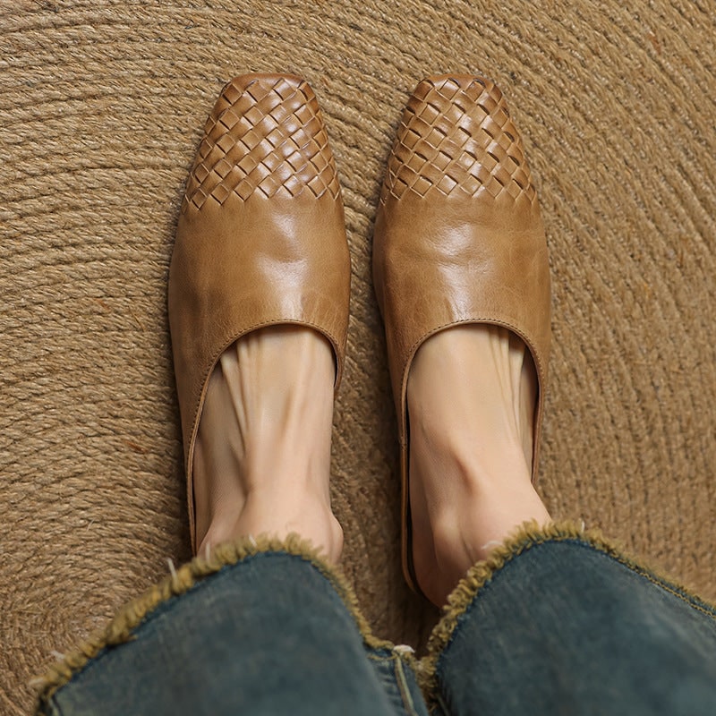 Women's Leather Mules with Woven Square Toe Slip on Shoes - Image 10