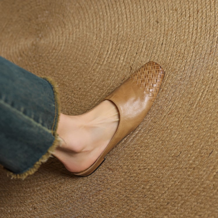 Women's Leather Mules with Woven Square Toe Slip on Shoes - Image 11