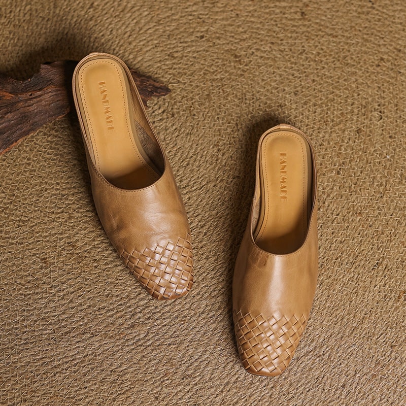 Women's Leather Mules with Woven Square Toe Slip on Shoes - Image 12