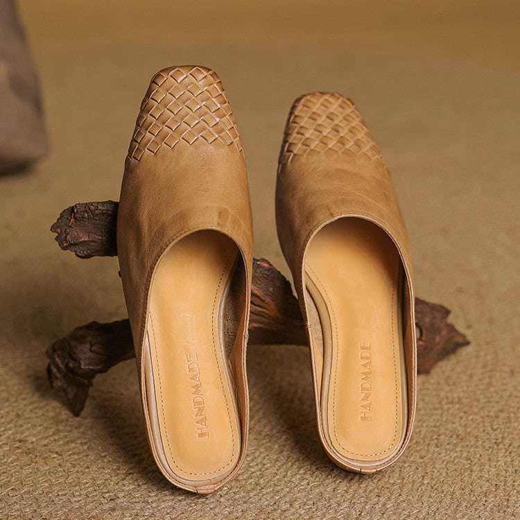 Women's Leather Mules with Woven Square Toe Slip on Shoes - Image 13