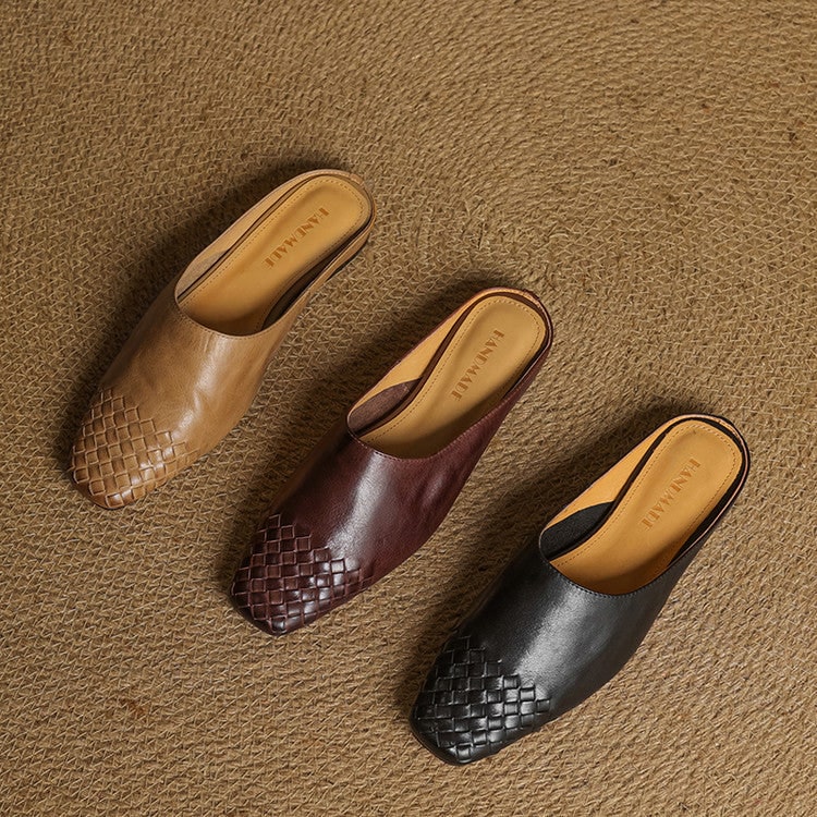 Women's Leather Mules with Woven Square Toe Slip on Shoes - Image 14