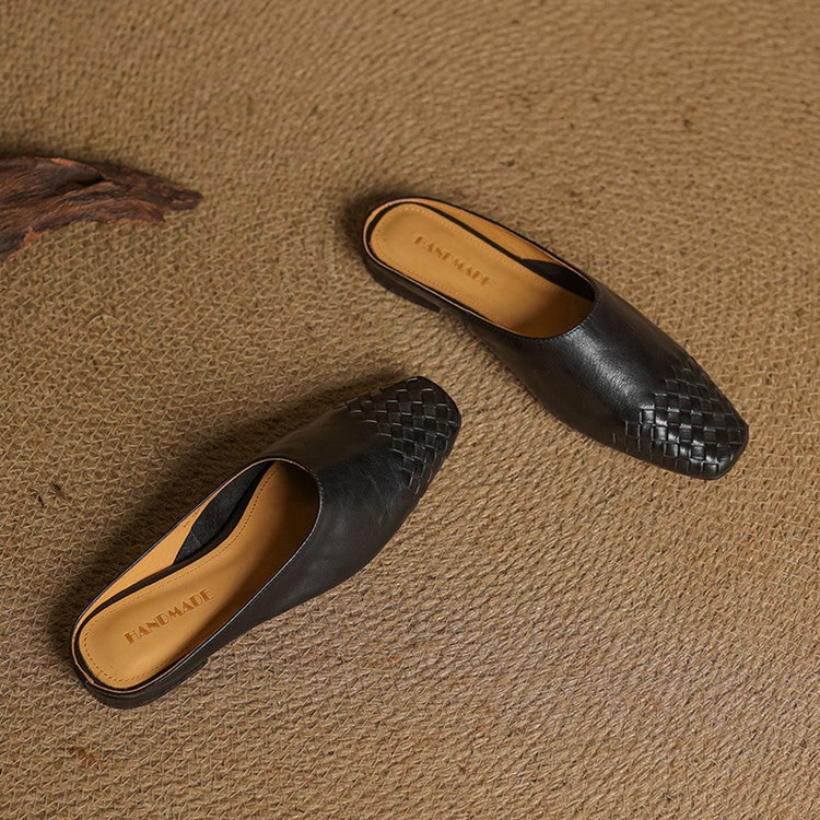 Women's Leather Mules with Woven Square Toe Slip on Shoes - Image 21
