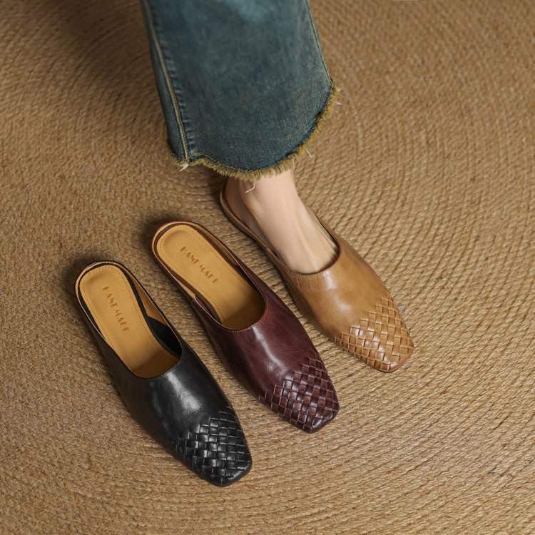 Women's Leather Mules with Woven Square Toe Slip on Shoes - Image 23