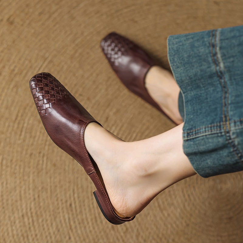 Women's Leather Mules with Woven Square Toe Slip on Shoes - Image 3