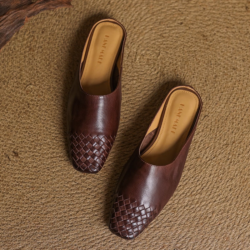 Women's Leather Mules with Woven Square Toe Slip on Shoes - Image 5