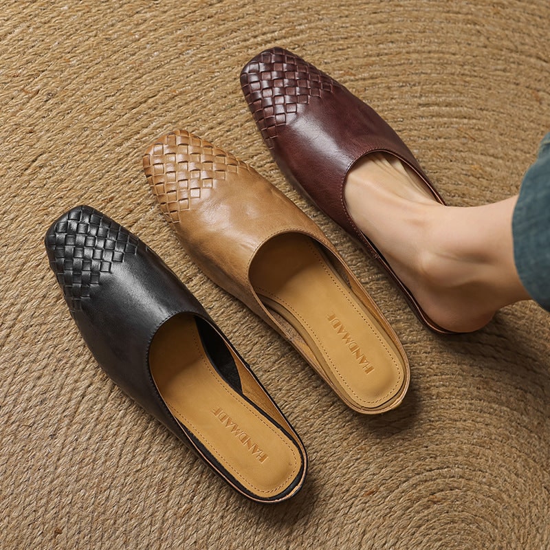 Women's Leather Mules with Woven Square Toe Slip on Shoes - Image 7