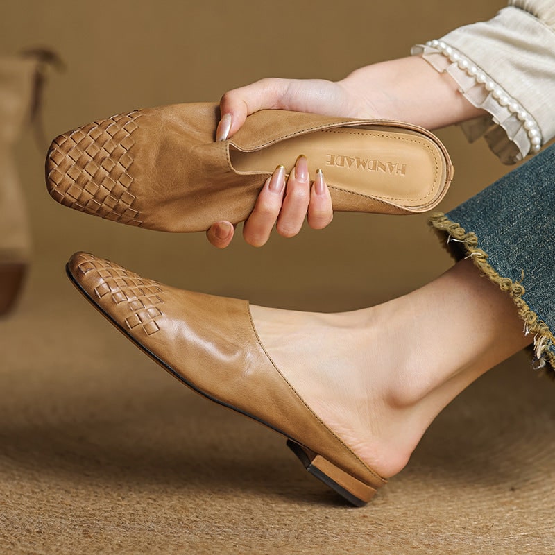 Women's Leather Mules with Woven Square Toe Slip on Shoes - Image 8