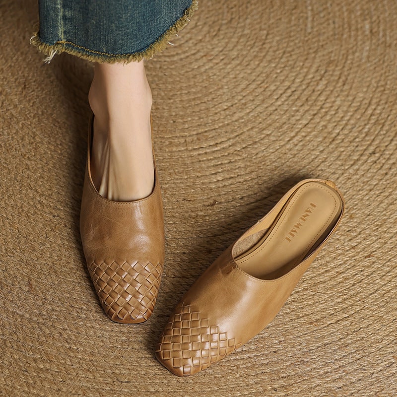 Women's Leather Mules with Woven Square Toe Slip on Shoes - Image 9