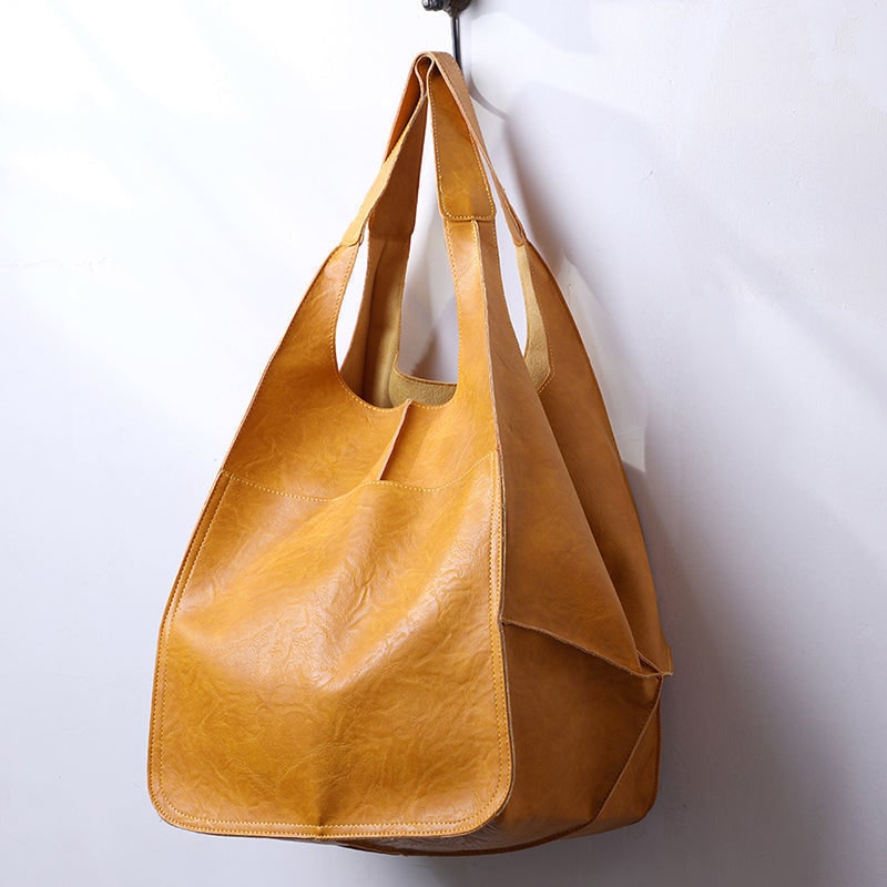 Women's Leather Tote Bag with Slouchy Unstructured Design and Front Pocket for Work - Image 1