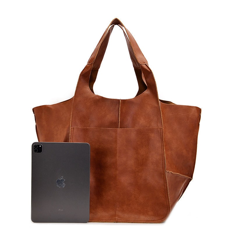 Women's Leather Tote Bag with Slouchy Unstructured Design and Front Pocket for Work - Image 10
