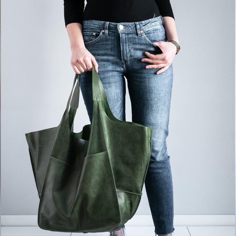 Women's Leather Tote Bag with Slouchy Unstructured Design and Front Pocket for Work - Image 14