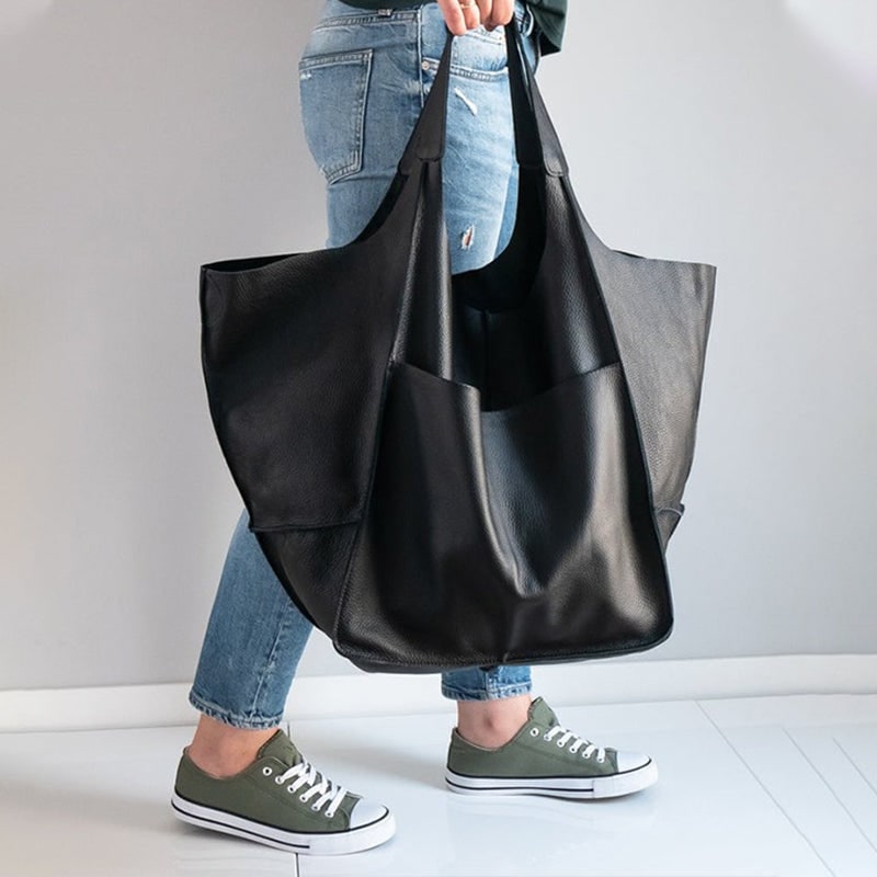 Women's Leather Tote Bag with Slouchy Unstructured Design and Front Pocket for Work - Image 15