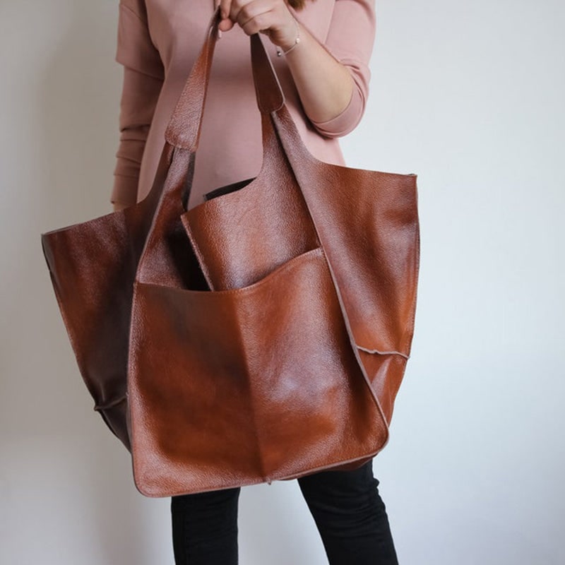 Women's Leather Tote Bag with Slouchy Unstructured Design and Front Pocket for Work - Image 16