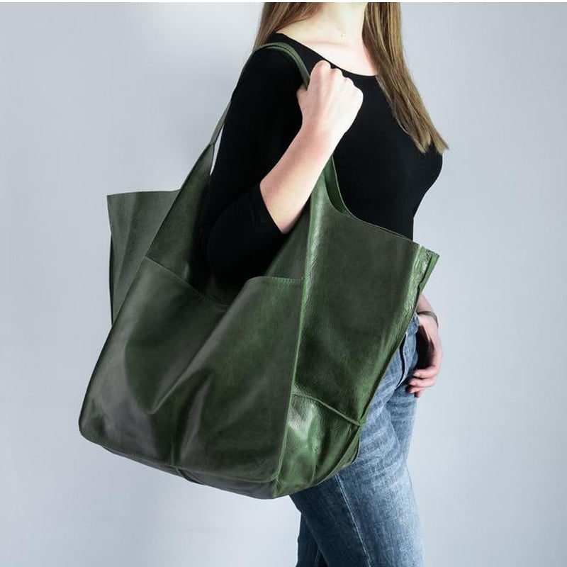 Women's Leather Tote Bag with Slouchy Unstructured Design and Front Pocket for Work - Image 2