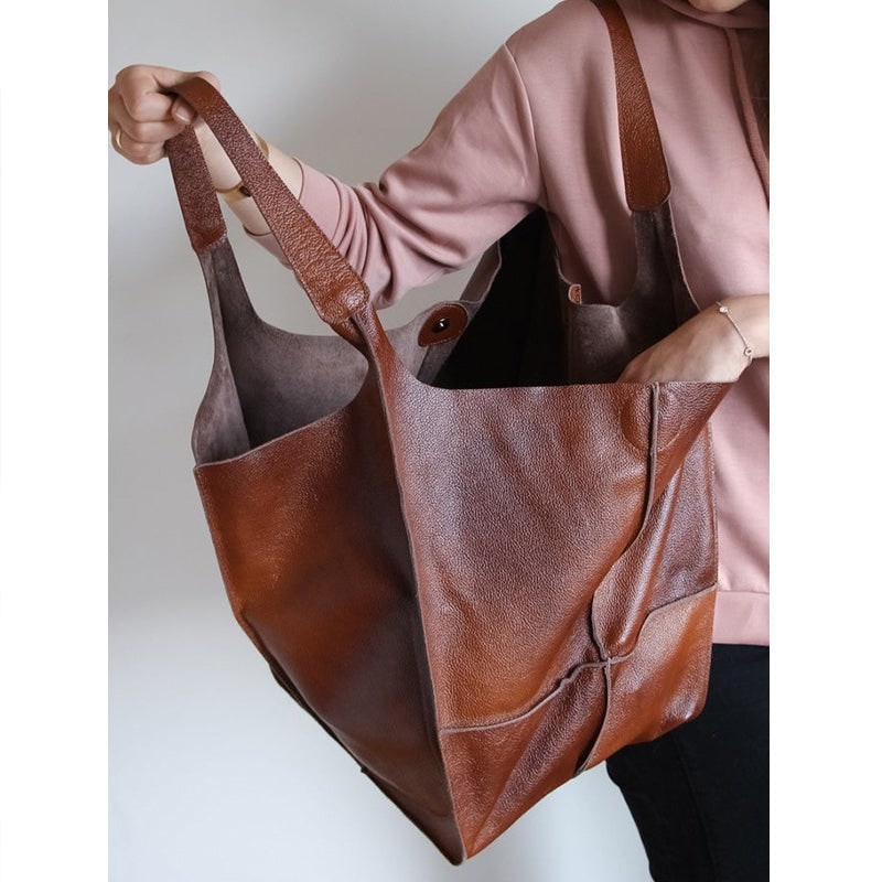 Women's Leather Tote Bag with Slouchy Unstructured Design and Front Pocket for Work - Image 3