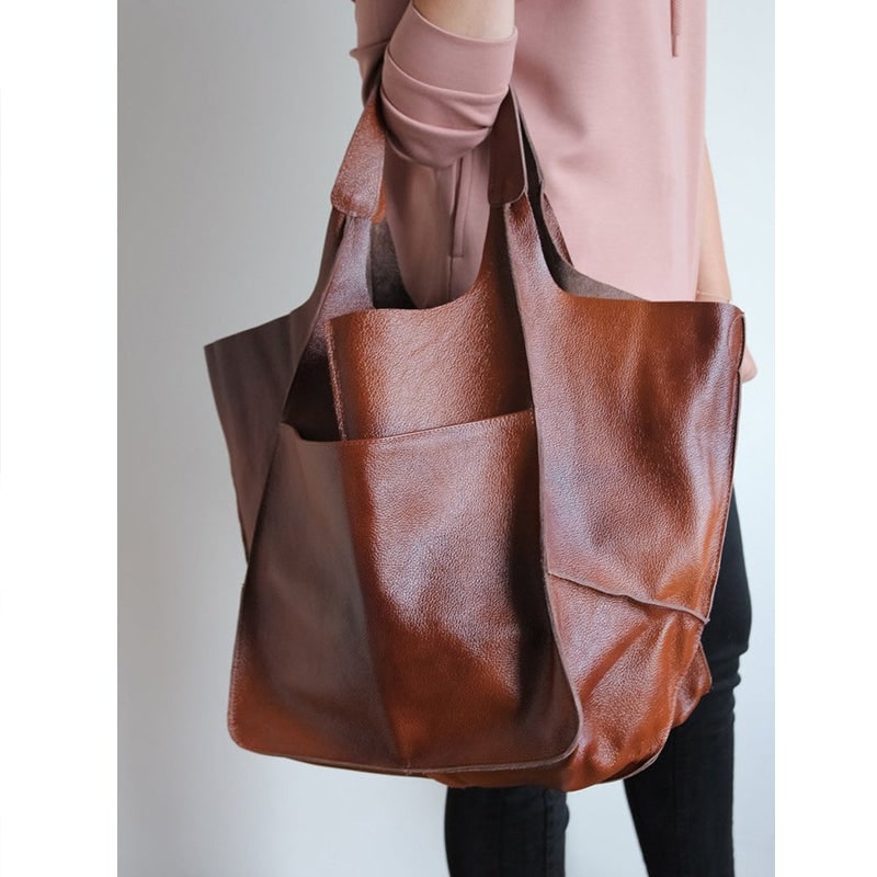 Women's Leather Tote Bag with Slouchy Unstructured Design and Front Pocket for Work - Image 6