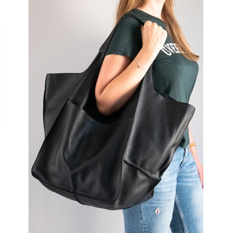 Women's Leather Tote Bag with Slouchy Unstructured Design and Front Pocket for Work - Image 7