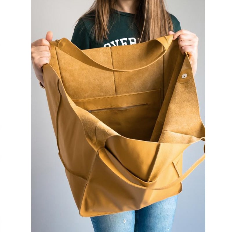 Women's Leather Tote Bag with Slouchy Unstructured Design and Front Pocket for Work - Image 8