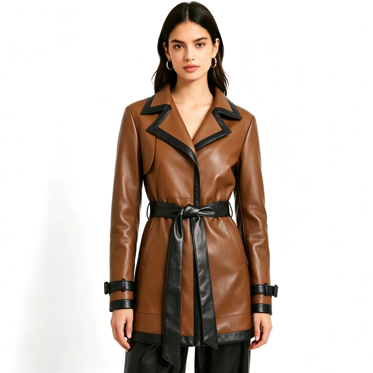 Women's Leather Trench Coat with Belted Waist and Contrast Trim - Image 1