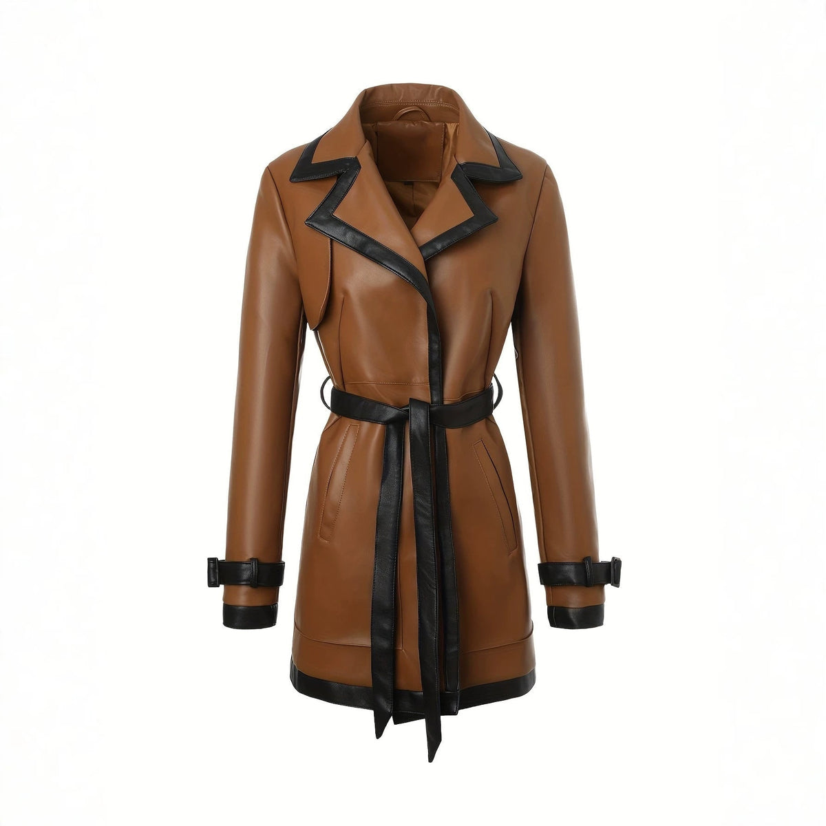 Women's Leather Trench Coat with Belted Waist and Contrast Trim - Image 2