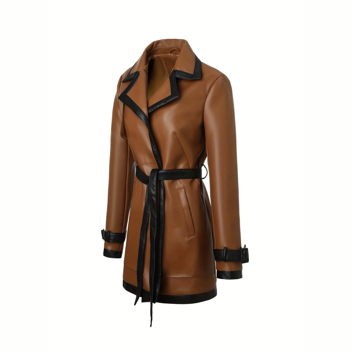 Women's Leather Trench Coat with Belted Waist and Contrast Trim - Image 3