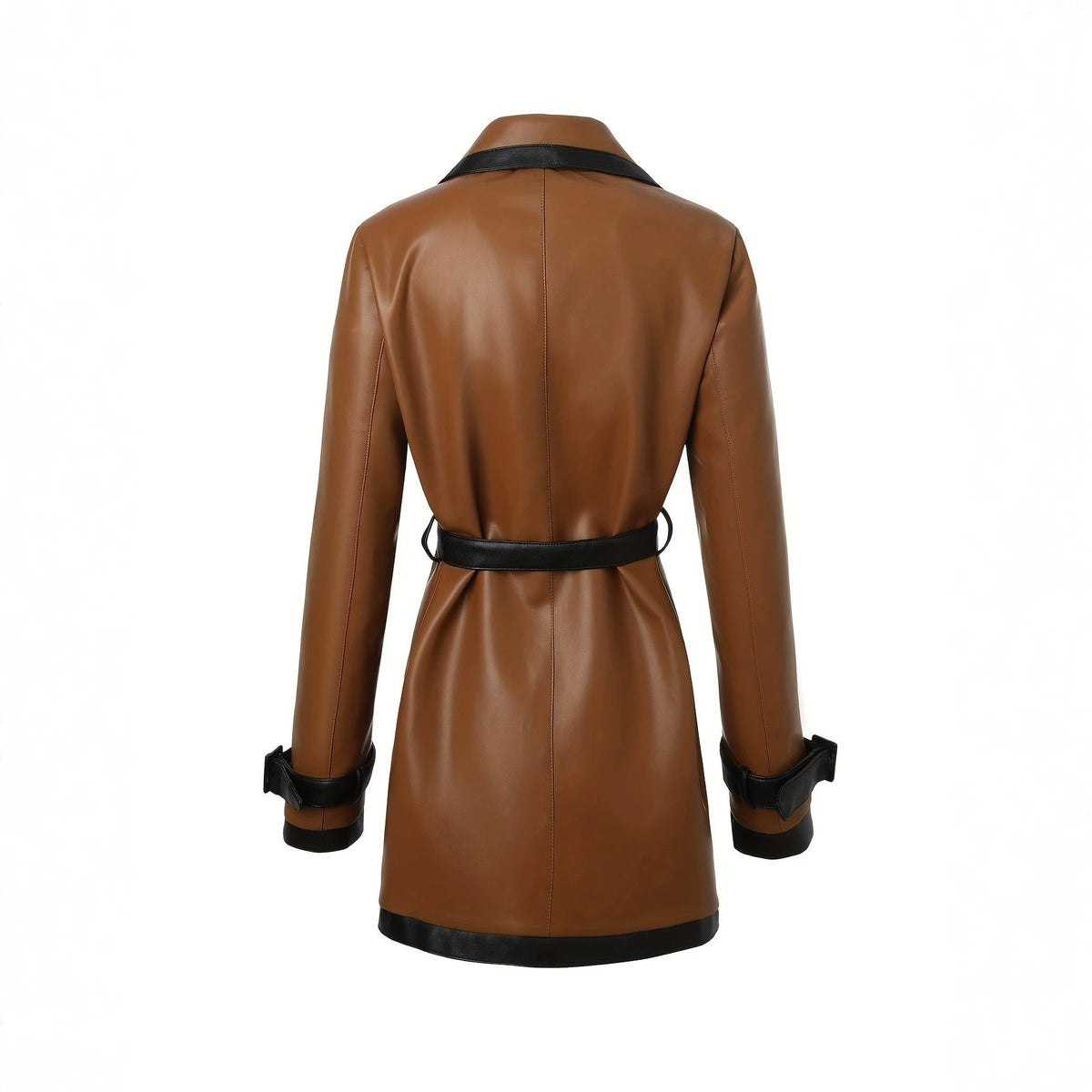 Women's Leather Trench Coat with Belted Waist and Contrast Trim - Image 4