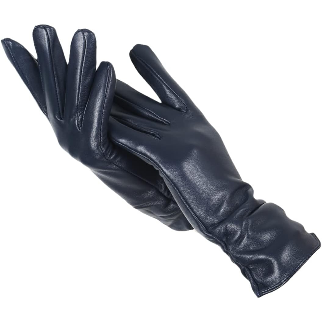 Women's Leather Winter Ski Gloves with Ruched Wrist and Wool Lining - Image 1