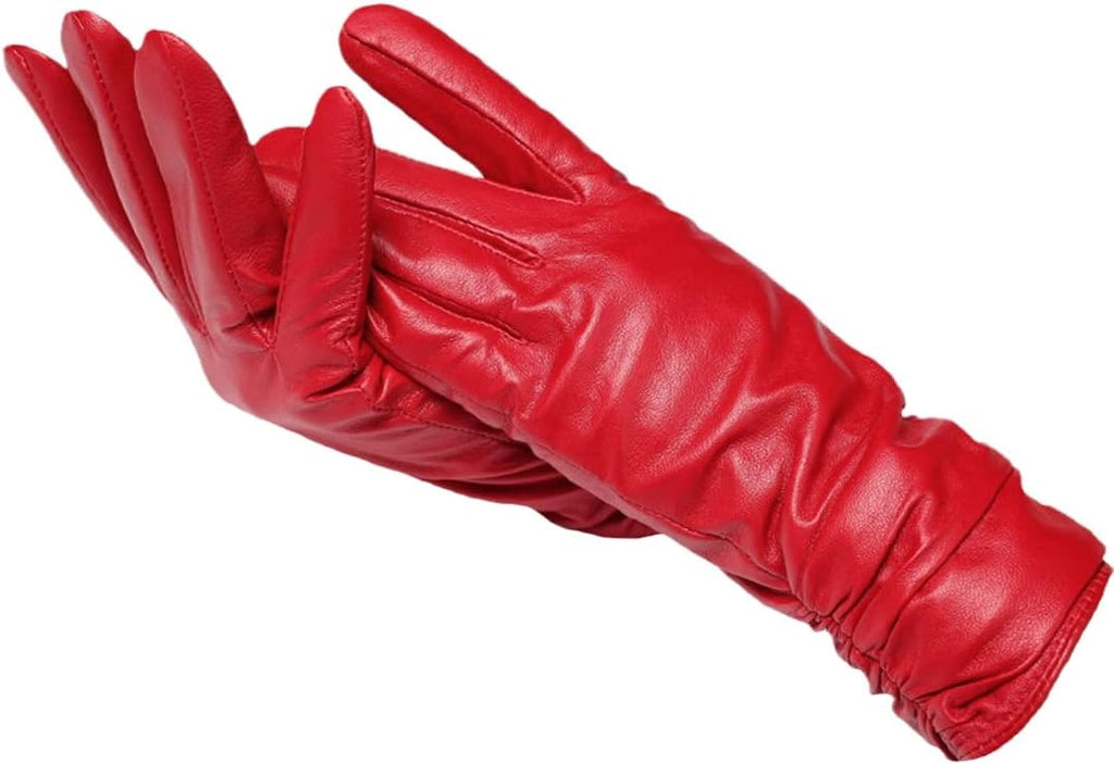 Women's Leather Winter Ski Gloves with Ruched Wrist and Wool Lining - Image 2