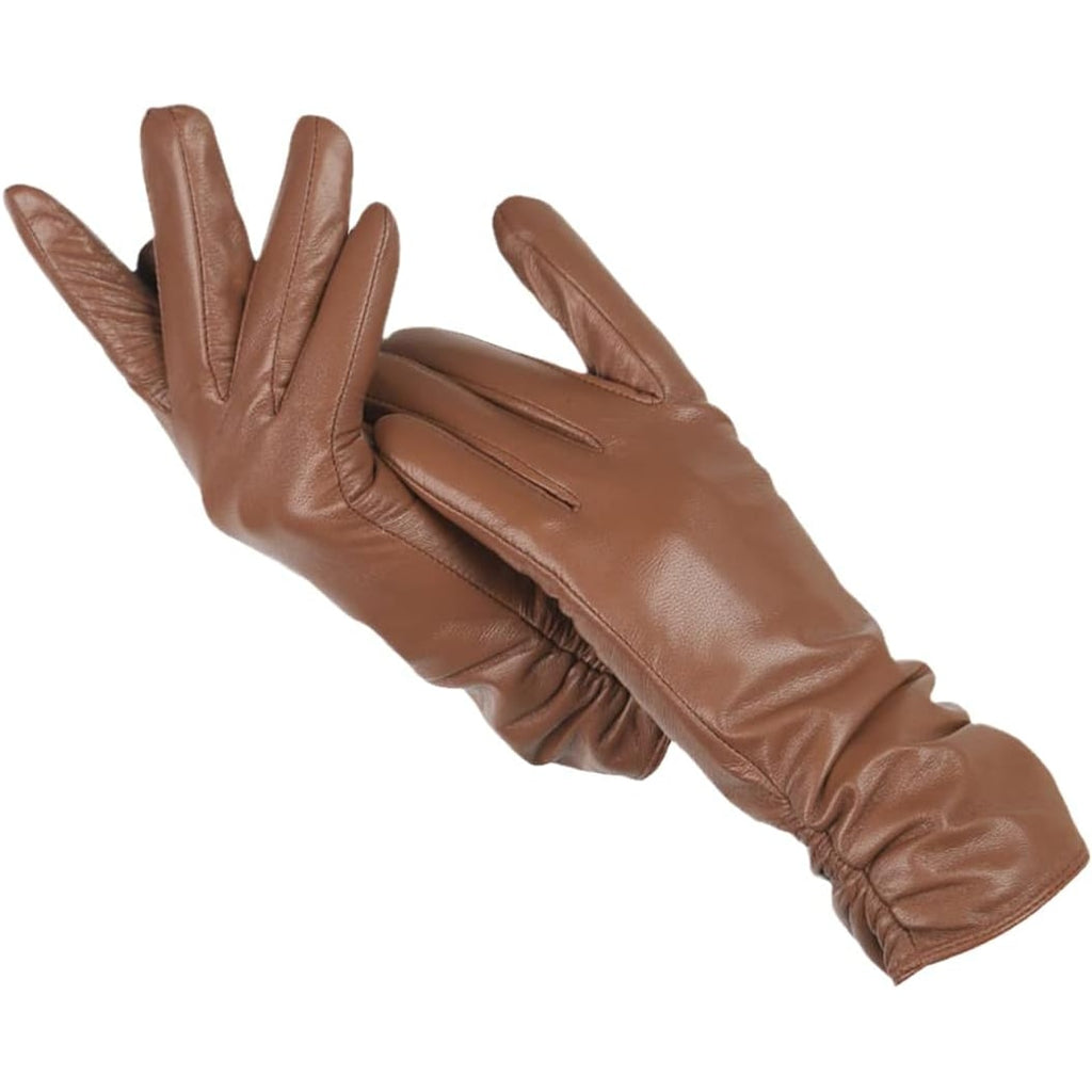 Women's Leather Winter Ski Gloves with Ruched Wrist and Wool Lining - Image 3
