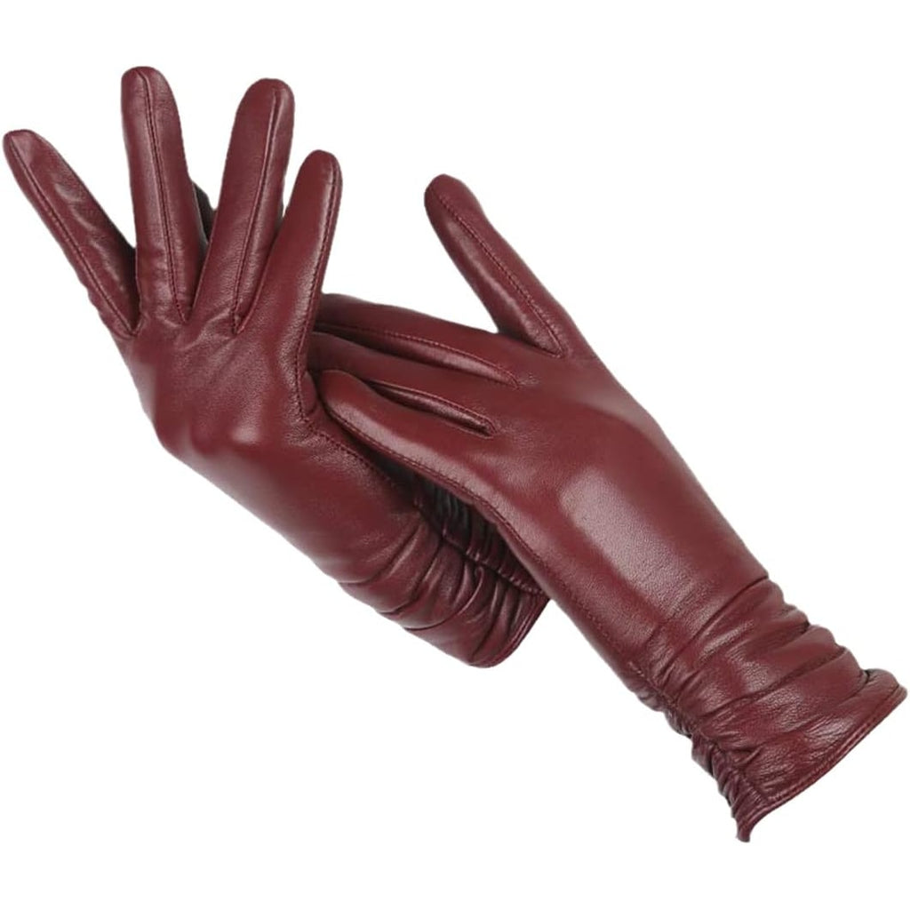 Women's Leather Winter Ski Gloves with Ruched Wrist and Wool Lining - Image 4