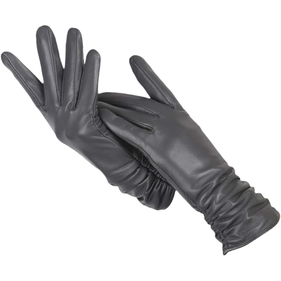 Women's Leather Winter Ski Gloves with Ruched Wrist and Wool Lining - Image 5