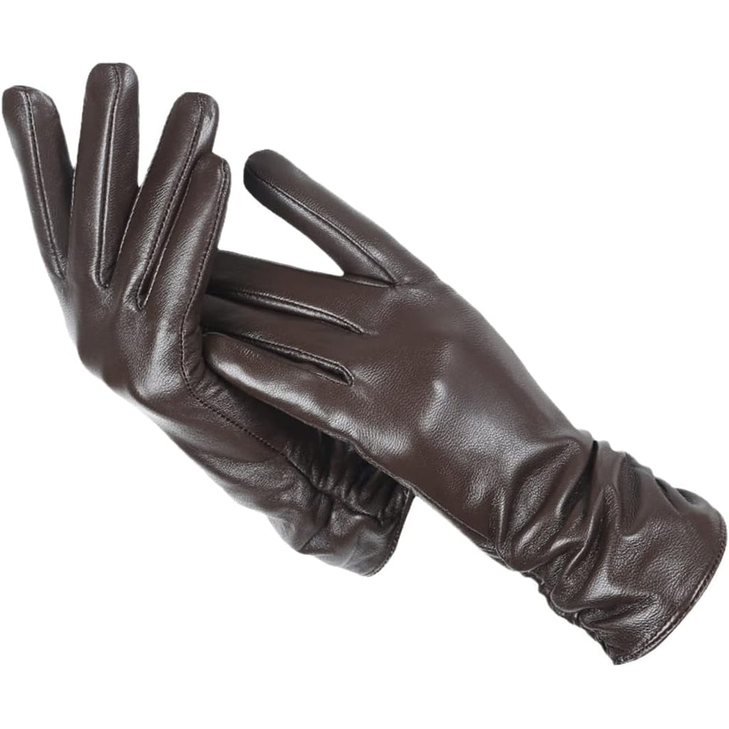 Women's Leather Winter Ski Gloves with Ruched Wrist and Wool Lining - Image 6